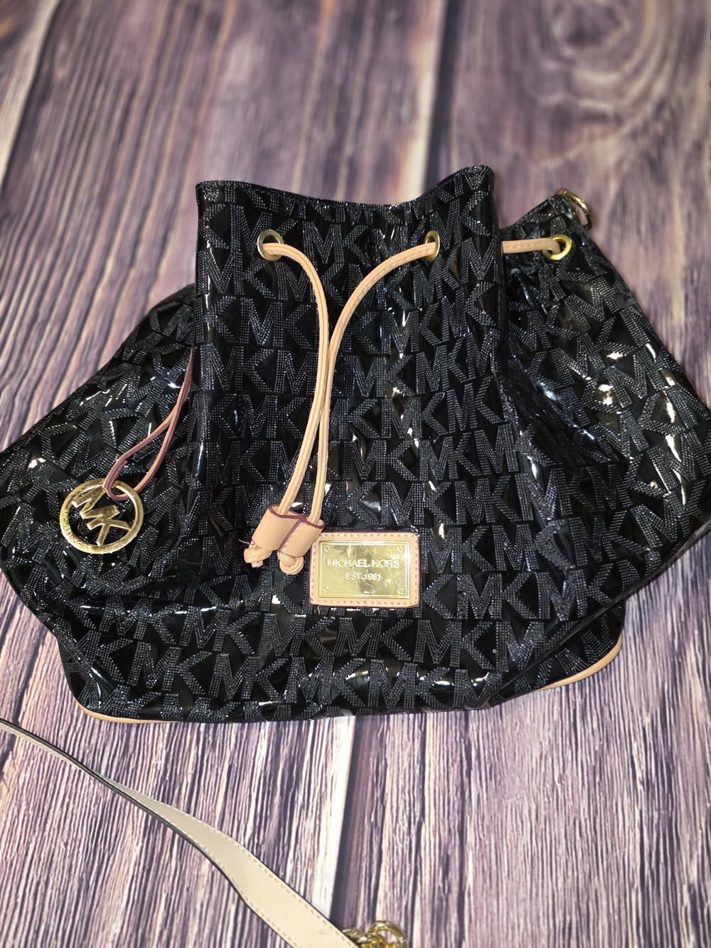 Michael Kors Black MK Logo Drawstring Bucket Bag with Tan Accents